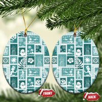 Hawaii Christmas Ceramic Ornament Retro Patchwork - Teal LT7 Oval Teal - Polynesian Pride