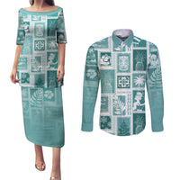 Hawaii Christmas Retro Patchwork Couples Matching Puletasi Dress and Long Sleeve Button Shirt Teal LT7 Teal - Polynesian Pride