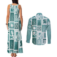 Hawaii Christmas Retro Patchwork Couples Matching Tank Maxi Dress and Long Sleeve Button Shirt Teal LT7 - Polynesian Pride