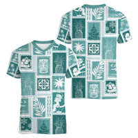 Hawaii Christmas Retro Patchwork Women V Neck T Shirt Teal LT7 - Polynesian Pride