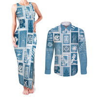 Hawaii Christmas Retro Patchwork Couples Matching Tank Maxi Dress and Long Sleeve Button Shirt Aquamarine LT7 Aquamarine - Polynesian Pride
