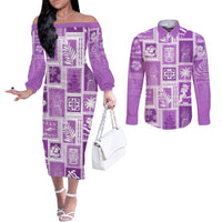 Hawaii Christmas Retro Patchwork Couples Matching Off The Shoulder Long Sleeve Dress and Long Sleeve Button Shirt Violet LT7 Violet - Polynesian Pride