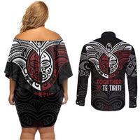 Maori Hongi Toitu Te Tiriti Couples Matching Off Shoulder Short Dress and Long Sleeve Button Shirt Tangata Tiriti Stand With Tangata Whenua