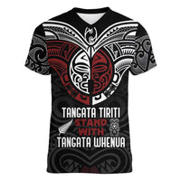 Maori Hongi Toitu Te Tiriti Women V-Neck T-Shirt Tangata Tiriti Stand With Tangata Whenua LT7 Female Black - Polynesian Pride