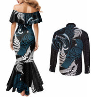 New Zealand Tui Bird Couples Matching Mermaid Dress and Long Sleeve Button Shirt Maori Kowhaiwhai