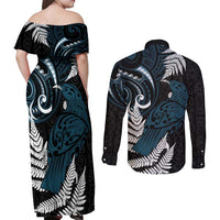 New Zealand Tui Bird Couples Matching Off Shoulder Maxi Dress and Long Sleeve Button Shirt Maori Kowhaiwhai
