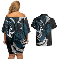 New Zealand Tui Bird Couples Matching Off Shoulder Short Dress and Hawaiian Shirt Maori Kowhaiwhai
