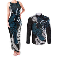 New Zealand Tui Bird Couples Matching Tank Maxi Dress and Long Sleeve Button Shirt Maori Kowhaiwhai