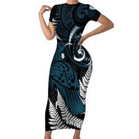 New Zealand Tui Bird Family Matching Short Sleeve Bodycon Dress and Hawaiian Shirt Maori Kowhaiwhai LT7 Mom's Dress Teal - Polynesian Pride