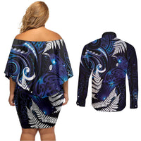 New Zealand Maori Matariki Couples Matching Off Shoulder Short Dress and Long Sleeve Button Shirt Tui Bird Galaxy LT7 - Polynesian Pride
