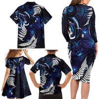 New Zealand Maori Matariki Family Matching Long Sleeve Bodycon Dress and Hawaiian Shirt Tui Bird Galaxy LT7 - Polynesian Pride