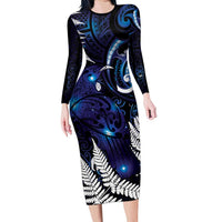New Zealand Maori Matariki Long Sleeve Bodycon Dress Tui Bird Galaxy LT7 Long Dress Galaxy - Polynesian Pride