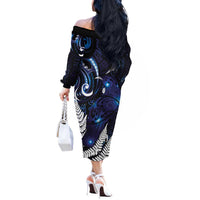 New Zealand Maori Matariki Off The Shoulder Long Sleeve Dress Tui Bird Galaxy LT7 - Polynesian Pride