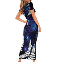 New Zealand Maori Matariki Short Sleeve Bodycon Dress Tui Bird Galaxy LT7 - Polynesian Pride