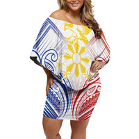 Philippines Tribal Sun Personalized Family Matching Off Shoulder Short Dress and Hawaiian Shirt Hunting Eagle LT7 Mom's Dress White - Polynesian Pride