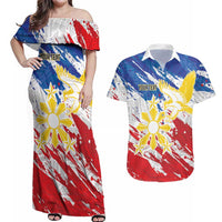 Personalized Filipino Sun and Stars Couples Matching Off Shoulder Maxi Dress and Hawaiian Shirt Grunge Vibes LT7 White - Polynesian Pride
