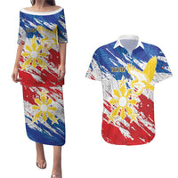 Personalized Filipino Sun and Stars Couples Matching Puletasi and Hawaiian Shirt Grunge Vibes LT7 White - Polynesian Pride