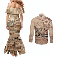 Vaiaso o le Gagana Samoa Couples Matching Mermaid Dress and Long Sleeve Button Shirt Siapo Motif Beige LT7 - Polynesian Pride