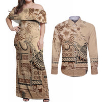 Vaiaso o le Gagana Samoa Couples Matching Off Shoulder Maxi Dress and Long Sleeve Button Shirt Siapo Motif Beige LT7 Beige - Polynesian Pride
