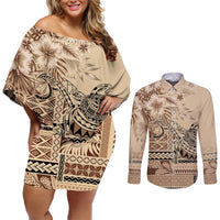 Vaiaso o le Gagana Samoa Couples Matching Off Shoulder Short Dress and Long Sleeve Button Shirt Siapo Motif Beige LT7 Beige - Polynesian Pride