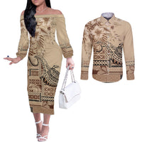 Vaiaso o le Gagana Samoa Couples Matching Off The Shoulder Long Sleeve Dress and Long Sleeve Button Shirt Siapo Motif Beige LT7 Beige - Polynesian Pride
