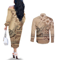 Vaiaso o le Gagana Samoa Couples Matching Off The Shoulder Long Sleeve Dress and Long Sleeve Button Shirt Siapo Motif Beige LT7 - Polynesian Pride