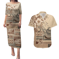 Vaiaso o le Gagana Samoa Couples Matching Puletasi and Hawaiian Shirt Siapo Motif Beige