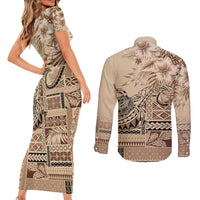 Vaiaso o le Gagana Samoa Couples Matching Short Sleeve Bodycon Dress and Long Sleeve Button Shirt Siapo Motif Beige LT7 - Polynesian Pride