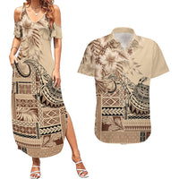 Vaiaso o le Gagana Samoa Couples Matching Summer Maxi Dress and Hawaiian Shirt Siapo Motif Beige LT7 Beige - Polynesian Pride