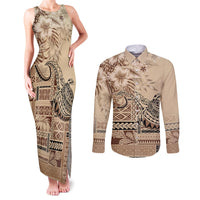Vaiaso o le Gagana Samoa Couples Matching Tank Maxi Dress and Long Sleeve Button Shirt Siapo Motif Beige LT7 Beige - Polynesian Pride