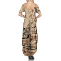Vaiaso o le Gagana Samoa Family Matching Summer Maxi Dress and Hawaiian Shirt Siapo Motif Beige