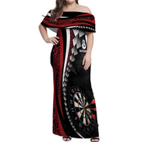 Personalized New Zealand Darts Off Shoulder Maxi Dress Kowhaiwhai Whero Koiri - Manaia