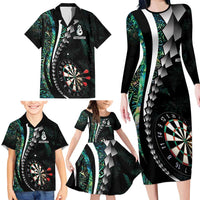Personalized New Zealand Darts Family Matching Long Sleeve Bodycon Dress and Hawaiian Shirt Paua Shell Koiri - Manaia