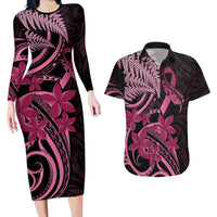 Aotearoa Maori Couples Matching Long Sleeve Bodycon Dress and Hawaiian Shirt Pink Fern Ribbons on Black - Polynesian Pride