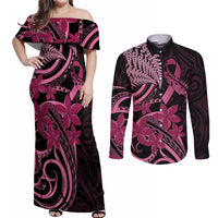 Aotearoa Maori Couples Matching Off Shoulder Maxi Dress and Long Sleeve Button Shirt Pink Fern Ribbons on Black LT7 Black - Polynesian Pride