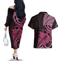 Aotearoa Maori Couples Matching Off The Shoulder Long Sleeve Dress and Hawaiian Shirt Pink Fern Ribbons on Black - Polynesian Pride