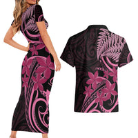Aotearoa Maori Couples Matching Short Sleeve Bodycon Dress and Hawaiian Shirt Pink Fern Ribbons on Black - Polynesian Pride