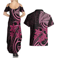 Aotearoa Maori Couples Matching Summer Maxi Dress and Hawaiian Shirt Pink Fern Ribbons on Black - Polynesian Pride