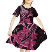 Aotearoa Maori Kid Short Sleeve Dress Pink Fern Ribbons on Black - Polynesian Pride