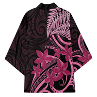 Aotearoa Maori Kimono Pink Fern Ribbons on Black LT7 - Polynesian Pride