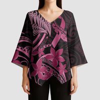 Aotearoa Maori Kimono Sleeve Blouse Pink Fern Ribbons on Black - Polynesian Pride