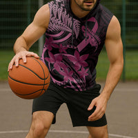 Aotearoa Maori Sleeveless Hoodie Pink Fern Ribbons on Black LT7 - Polynesian Pride