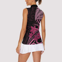 Aotearoa Maori Women Sleeveless Polo Shirt Pink Fern Ribbons on Black - Polynesian Pride