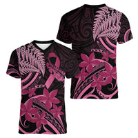 Aotearoa Maori Women V-Neck T-Shirt Pink Fern Ribbons on Black LT7 - Polynesian Pride