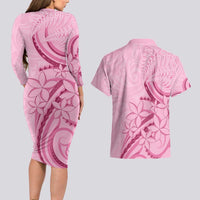 Aotearoa Maori Couples Matching Long Sleeve Bodycon Dress and Hawaiian Shirt Pink Fern Ribbons - Polynesian Pride