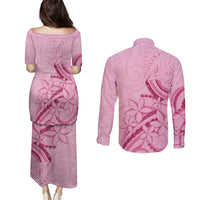 Aotearoa Maori Couples Matching Puletasi and Long Sleeve Button Shirt Pink Fern Ribbons LT7 - Polynesian Pride