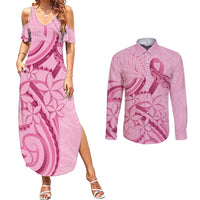 Aotearoa Maori Couples Matching Summer Maxi Dress and Long Sleeve Button Shirt Pink Fern Ribbons LT7 Pink - Polynesian Pride
