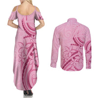 Aotearoa Maori Couples Matching Summer Maxi Dress and Long Sleeve Button Shirt Pink Fern Ribbons LT7 - Polynesian Pride