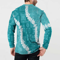 Hawaii Aloha Button Sweatshirt Teal Quilt Patch Work Mix Plumeria Lei LT7 - Polynesian Pride