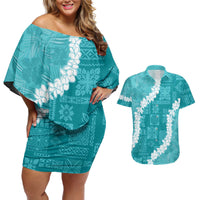 Hawaii Aloha Couples Matching Off Shoulder Short Dress and Hawaiian Shirt Teal Quilt Patch Work Mix Plumeria Lei LT7 Teal - Polynesian Pride
